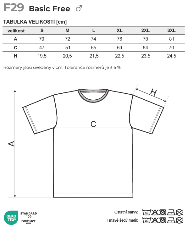 F29 Basic Free tričko pánské Tabulka velikostí